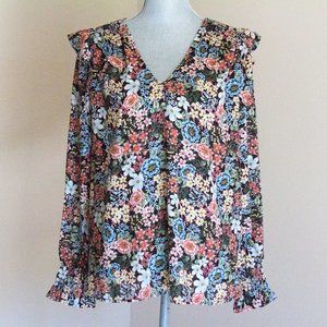 Ann Taylor LOFT Bouquet Floral Smocked Shoulder V-Neck Blouse